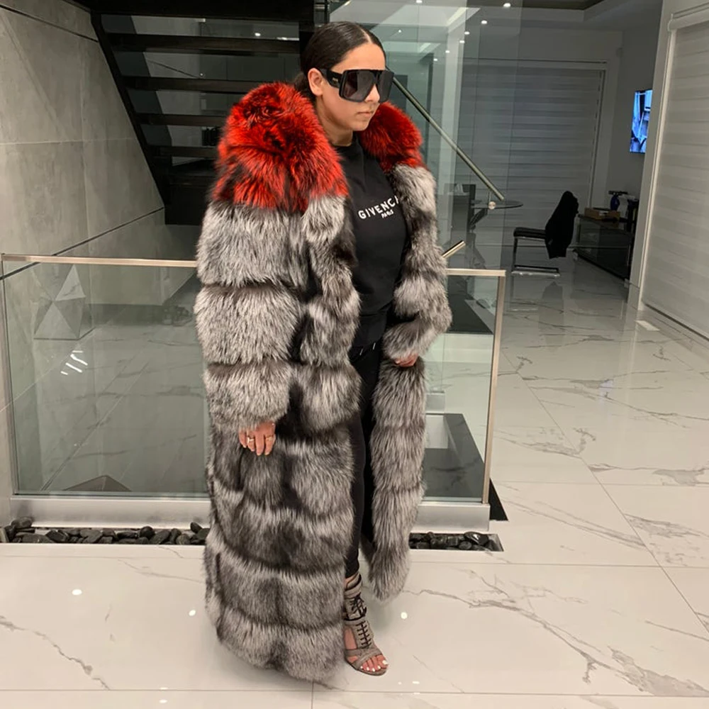Fashion Long Real Silver Fox Fur Coat for Women Winter New Whole Skin Genuine Fox Fur Coats with Hood Thick Warm Fur Overcoats
