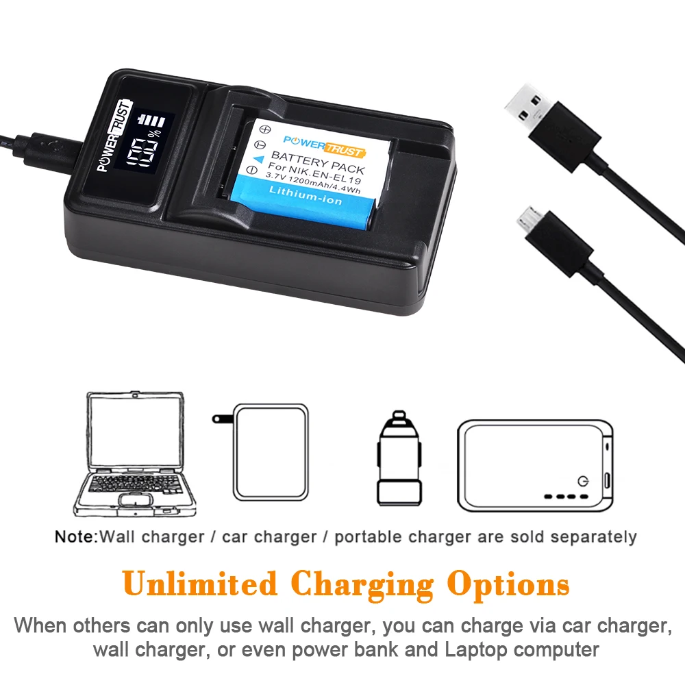 PowerTrust 1200mAh EN-EL19 ENEL19 EN EL19 EL19 Battery for Nikon S100 S2500 S2600 S3100 S6400 S4100 S4150 S3300 S4300 Camera