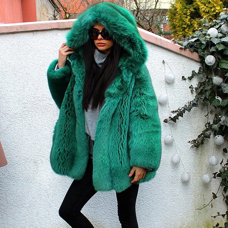 Luxury Green Natural Real Fox Fur Coat With Big Hood Thick Warm Winter Genuine Blue Fox Fur Jacket For Women Fur Coats Trendy