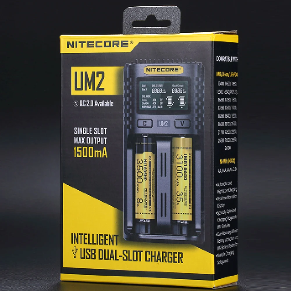 NITECORE UM2 Automatic Universal 3A Quick Charger Intelligent USB 2Slot  LCD Display For Li-ion IMR Battery Wholesale