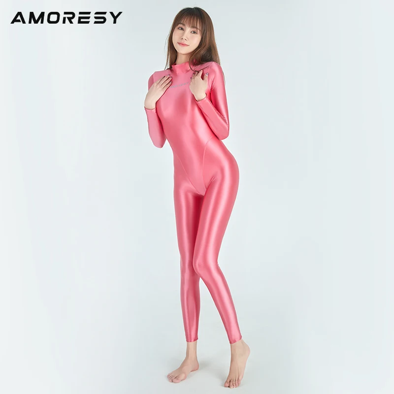 AMORESY Sexy shiny long sleeve full body tights oil smooth running Jumpsuit Yoga casual pantyhose sportswear