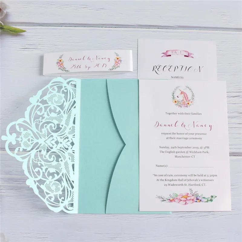 

Tiffanyblue invitations wedding birthday party flower laser cut invitation pocket custom printing multi colors 50pcs