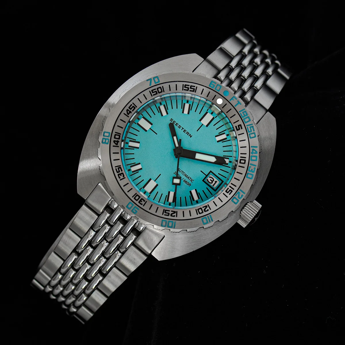 Seestern S407 Automatico Acciaio Argento Ceramica Nero Datario Diver Orologio Uomo