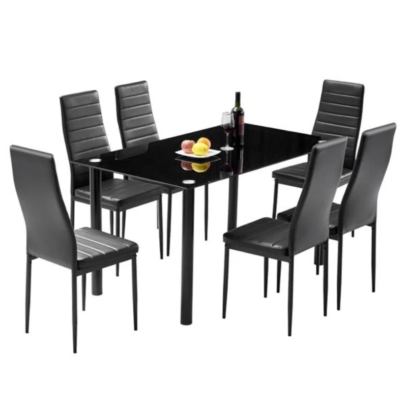 Dining Table Set Simple Round Tube Table Leg Table + 6pcs Elegant Stripping Texture High Backrest Dining Chairs Black[US-Stock]