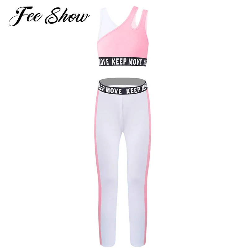 Kids Girls Dance Sport Set Fitness Suit Tracksuit Gym Yoga Clothing Shoulder Straps Crop Sport Vest Top and Pants Set Sportswear