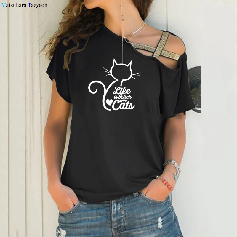 Funny Life Is with Cats Women Tee Lovely Cat Graphic T Shirts Loose Short Sleeves Tshirts Women Big Size S-5xl Tee Shirt Femme