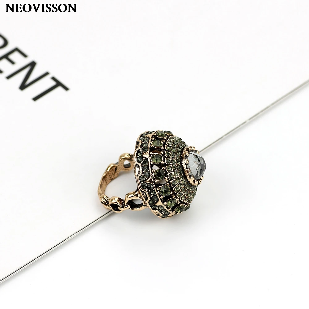 Sunspicems Gray Crystal Turkish Ball Ring Female Retro Vintage Party Jewelry Antique Gold Color Arabic Women Bijoux