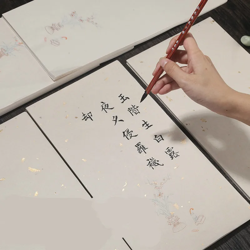 Chinese Xuan Paper Letterhead 17*34cm Half Ripe Calligraphy Xuan Paper Golden Foil Chinese Brush Calligraphy Paper Letterhead