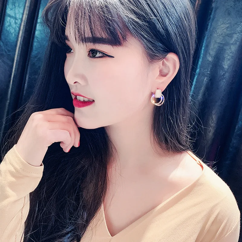 Silver Needle Stud Earrings for Women Jewelry Round Hoop Rhinestone Rose Gold Female Elegant Party Earrings