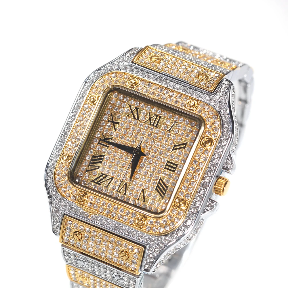 TBTK Iced Out Men Watch Square Diamond Quartz Luxury Mens Wrist Watches Gold Roman Clock Relogio Masculino