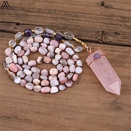 Natürliche Rosa Quarz Doppel Stick Punkt Anhänger 8mm Verfilzte Amazonit Rosen Quarz Runde Perlen Schnur Verknotet Mala Halskette Schmuck – Detail 15