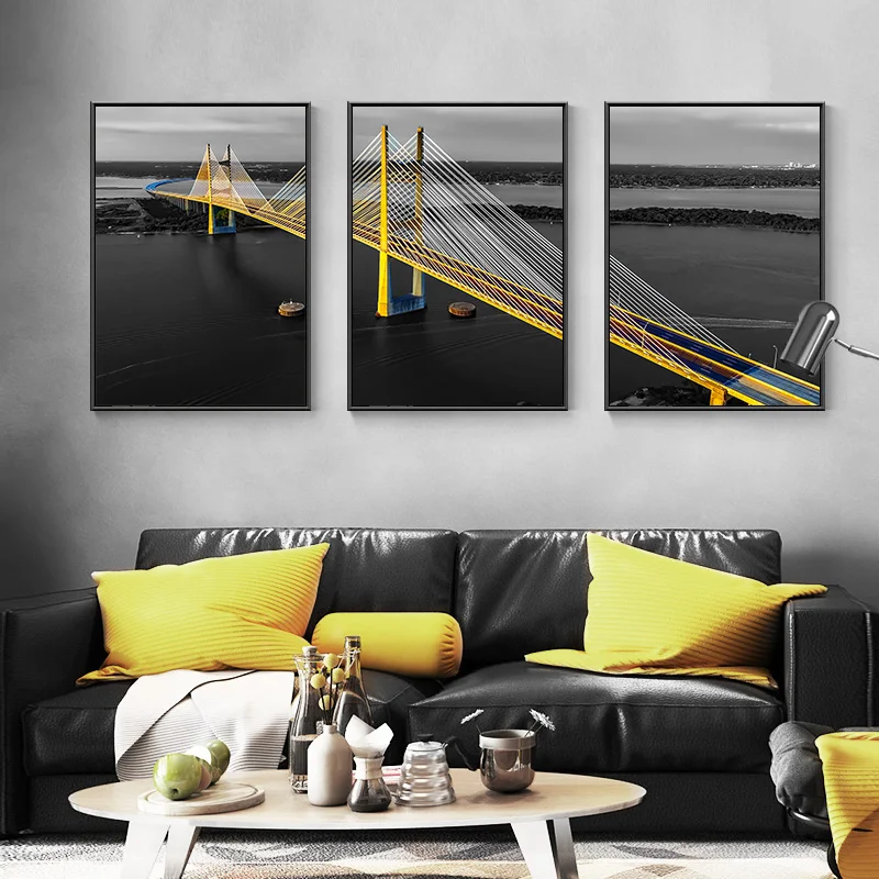 Golden Building Bridge Nordic Posters and Prints Wall Picture for Living Room Home Decor Wall Art Canvas Painting City Landscape