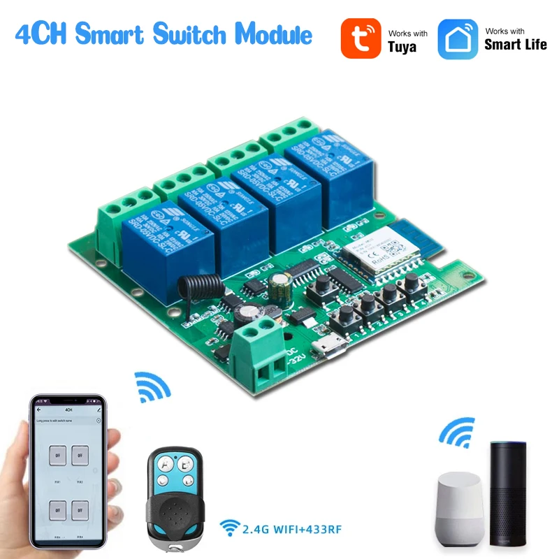 

Tuya Smart Life,Wifi Smart Light Switch,Wifi Module,4CH DC 5/12/32V Inching RF433 Receive 10A Relays Work With Alexa Google Home