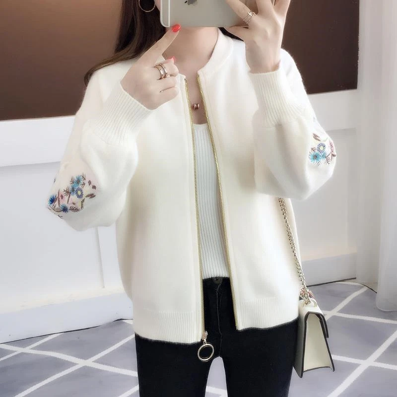 Casual Embroidered Zipper Knitted Coat Women Korean O-Neck Long Sleeve Sweater Cardigan Spring Fashion Knit Baseball Jacket Tops