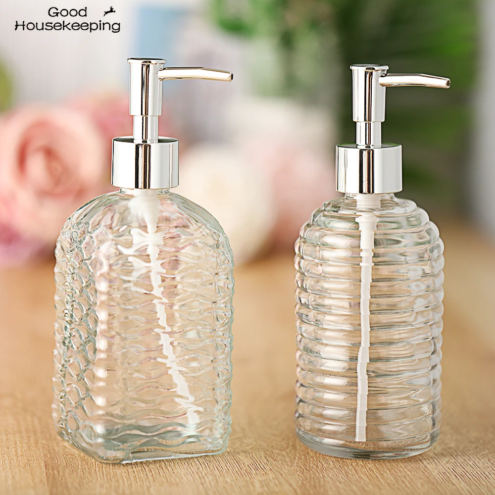 450ml Glass Vintage Manual Pressure Liquid Soap Dispenser Bathroom Sink Accessory Large Capacity Non-Slip White Silver Color