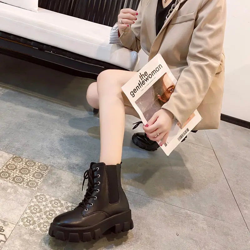 New Ankle Boots for Women Thick Bottom Round Toe Genuine Leather Boots Black White All-match Botas Feminina Platform Shoes