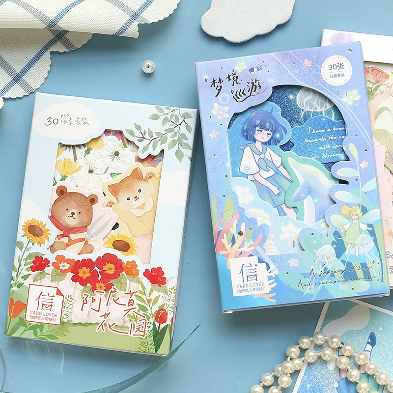 30 Pcs/Set Dreamland Journey and Animo Gard Postcard Cartoon Hand Painted Watercolor Message Card Birthday Greeting Cards