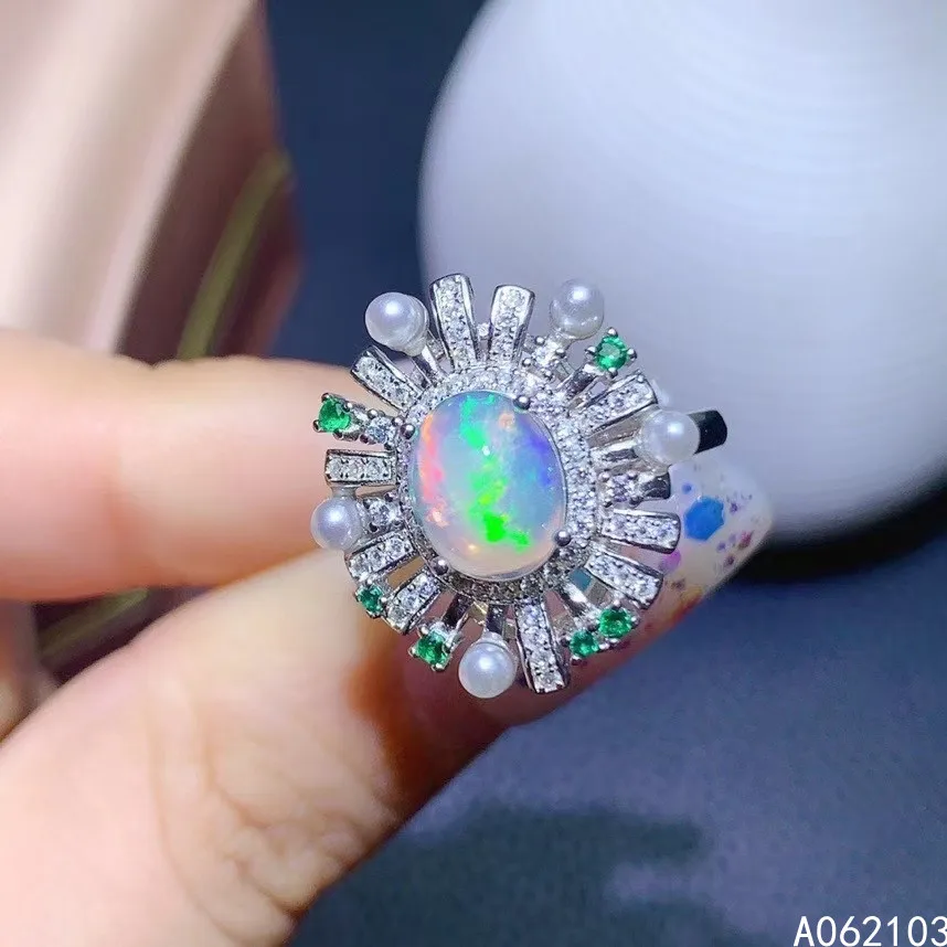 KJJEAXCMY fine jewelry 925 sterling silver inlaid natural opal Women's fresh and elegant pearl adjustable gem ring support check