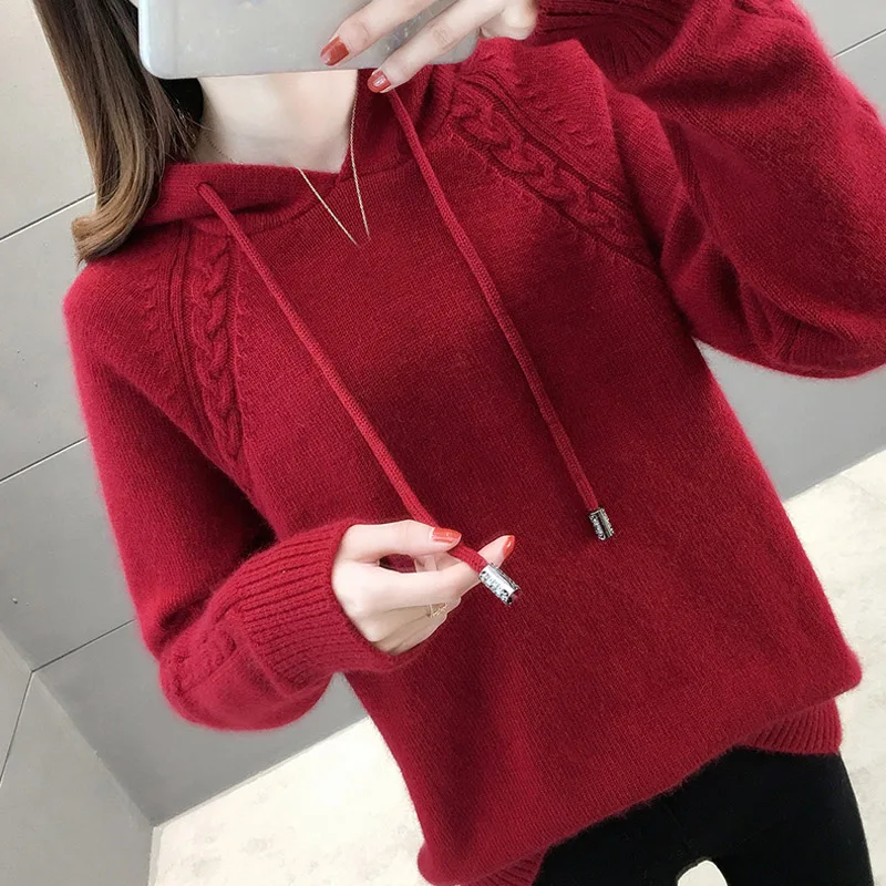 JMPRS Pullover Women Sweater Loose Knitted Hooded Long Sleeve Jumper Thick Solid Ladies Sweater Casual Winter  Tops