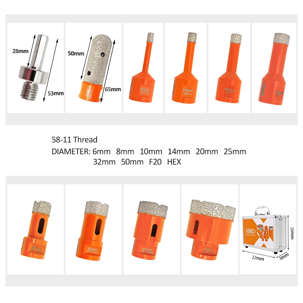 BGTEC 1set  6/8/10/14/20/25/32/50/F20/HEX Vacuum Brazed Diamond Drill Core Bits With Box 5/8-11 hole saw for porcelain tile,