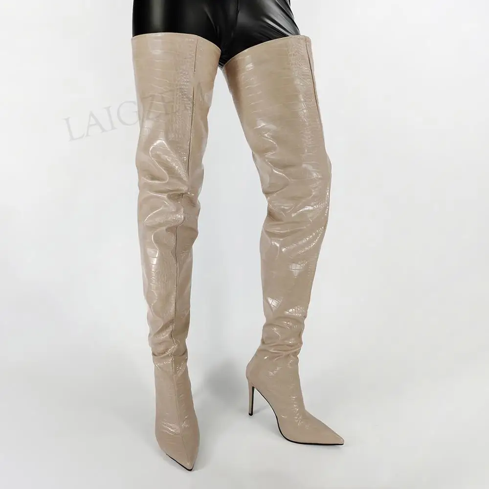 LAIGZEM Women Crotch High Boots Back Zip Thin Stiletto High Heels Boots Over Knee Party Prom Shoes Woman Large Size 41 44 46 47