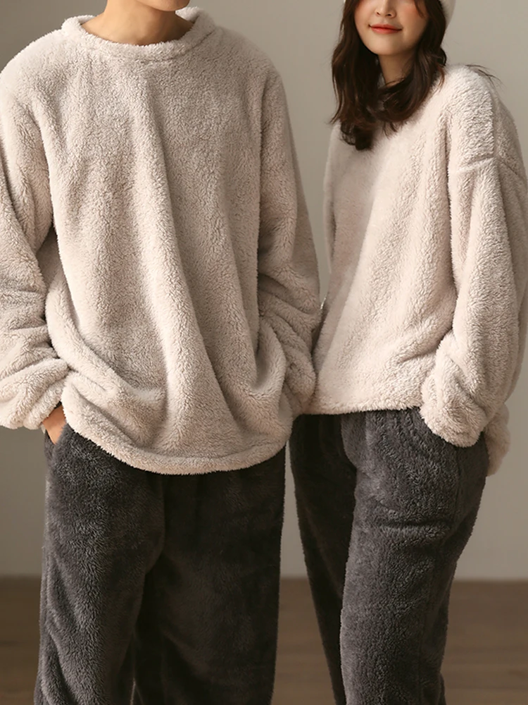Warm Pajamas For Couples Set Thick Coral Fleece Homewear Winter Lounge Men\'s Clothing Soft Loose Pajamas Women Home Clothes Suit