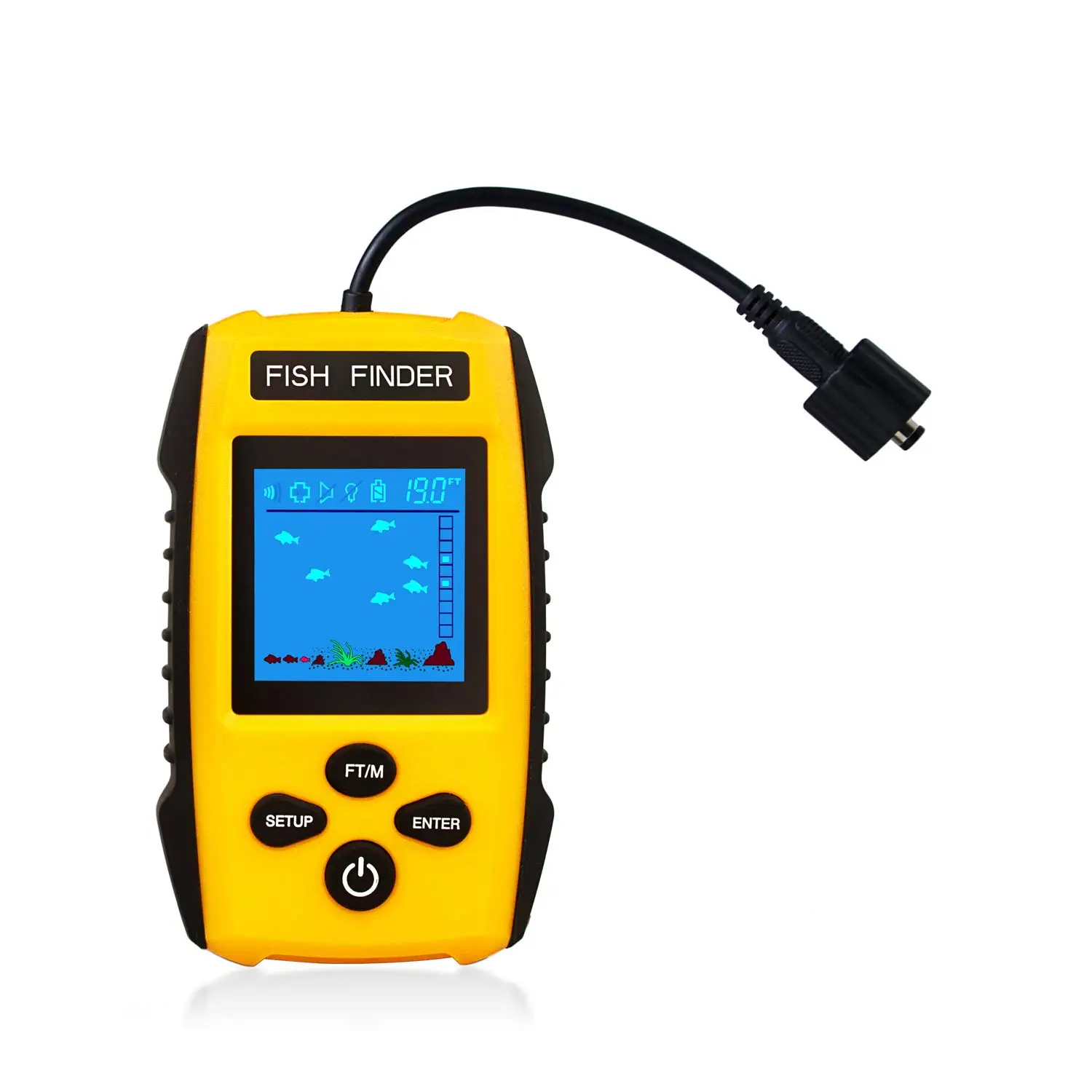 Russian portable fish depth finder, with sonar sensor and LCD screen