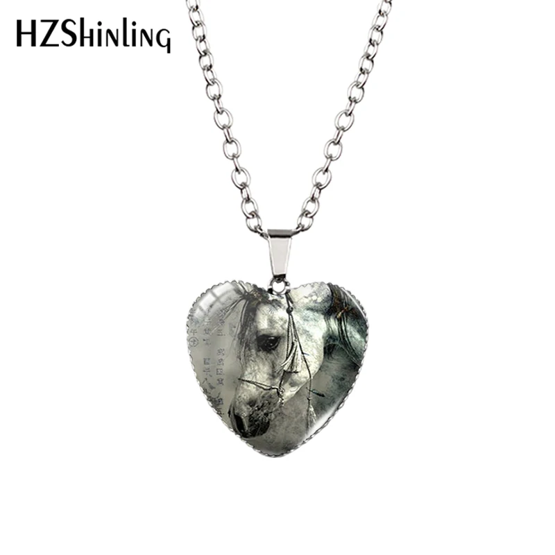 New Prancing Horse Heart Necklace White Horse Heart Pendant Glass Dome Jewelry Murano Glass Heart Necklace HZ3