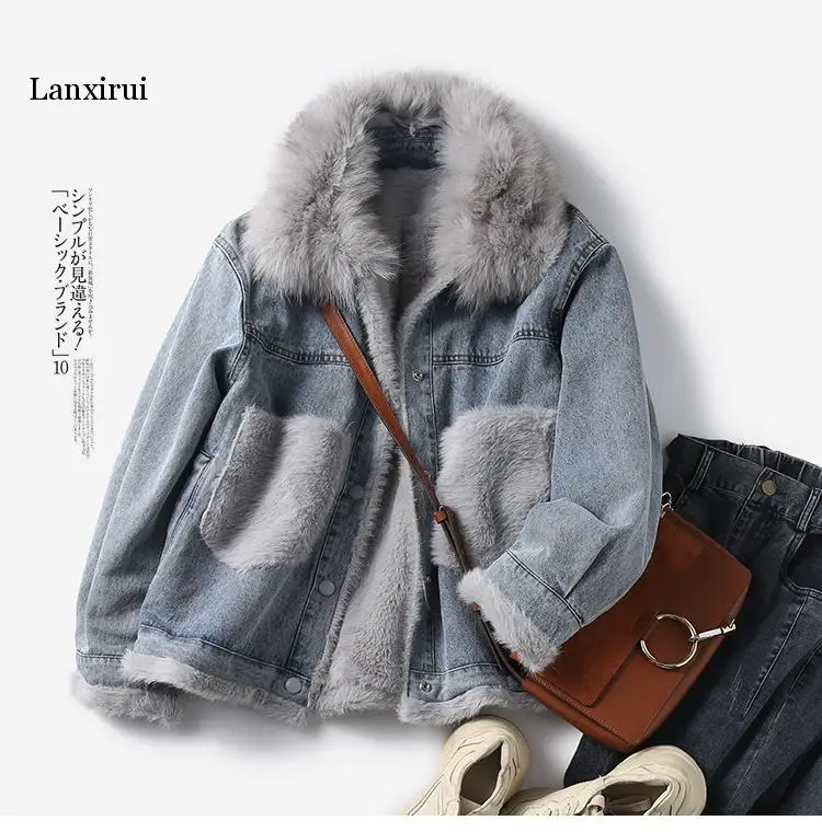 Women Jacket Large Fur Collar Plus Velvet Denim Jacket Loose Jacket Cotton Coat 2019 Autumn And Winter New Style