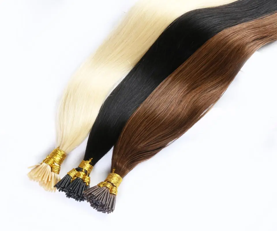 QHP-extensiones de cabello humano Remy, hecho a máquina pelo liso, queratina, Punta I, Color ombré, rosa y rojo, 50 unidades por juego