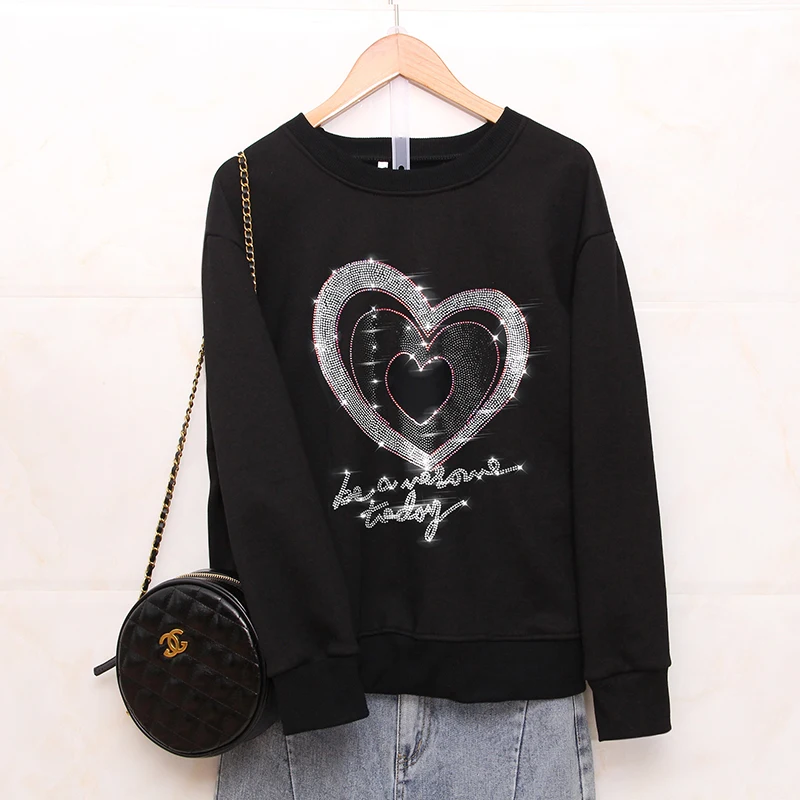 

Spring Autumn New Fashion Loose Sweatshirts female personality Heart Pattern Hot diamonds Casual Round neck women tops pullovers