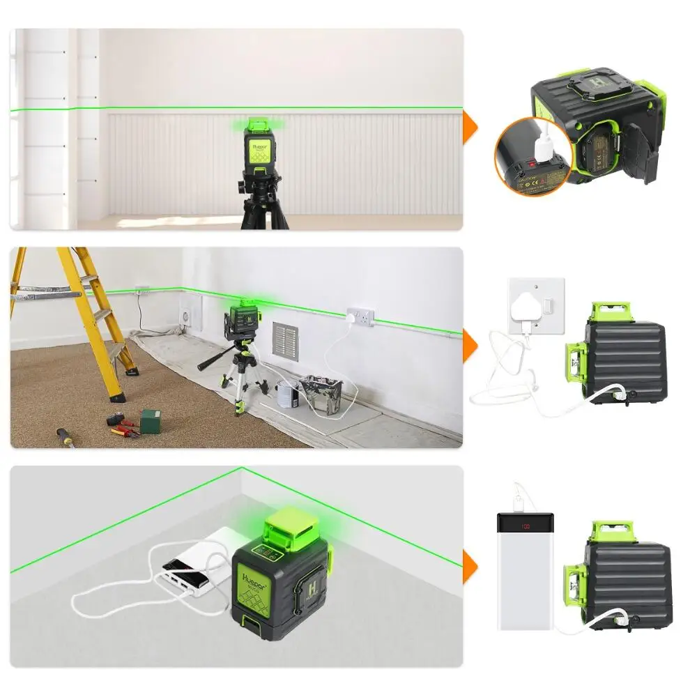 Imagem -03 - Huepar-nível Auto-nivelamento Green Beam Laser Nível Horizontal e Vertical Bateria Li-ion Estojo Rígido 2d Linhas Linha Cruzada