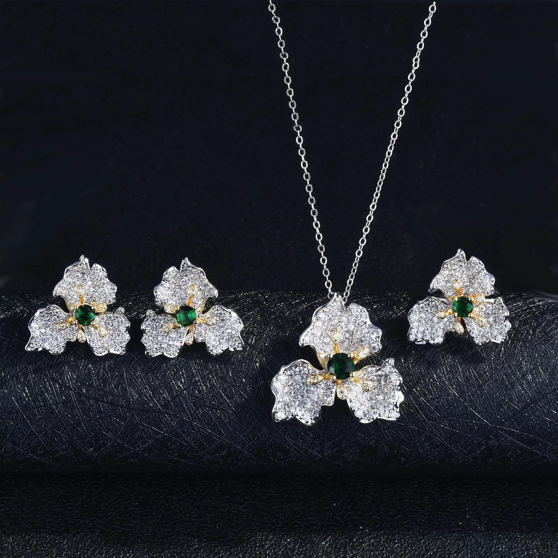 Elegant Trendy Zircon Flower Petals Jewelry Sets For Ladies Luxury Imitated Emerald Engagement Jewelry Birthday Gifts For Girl