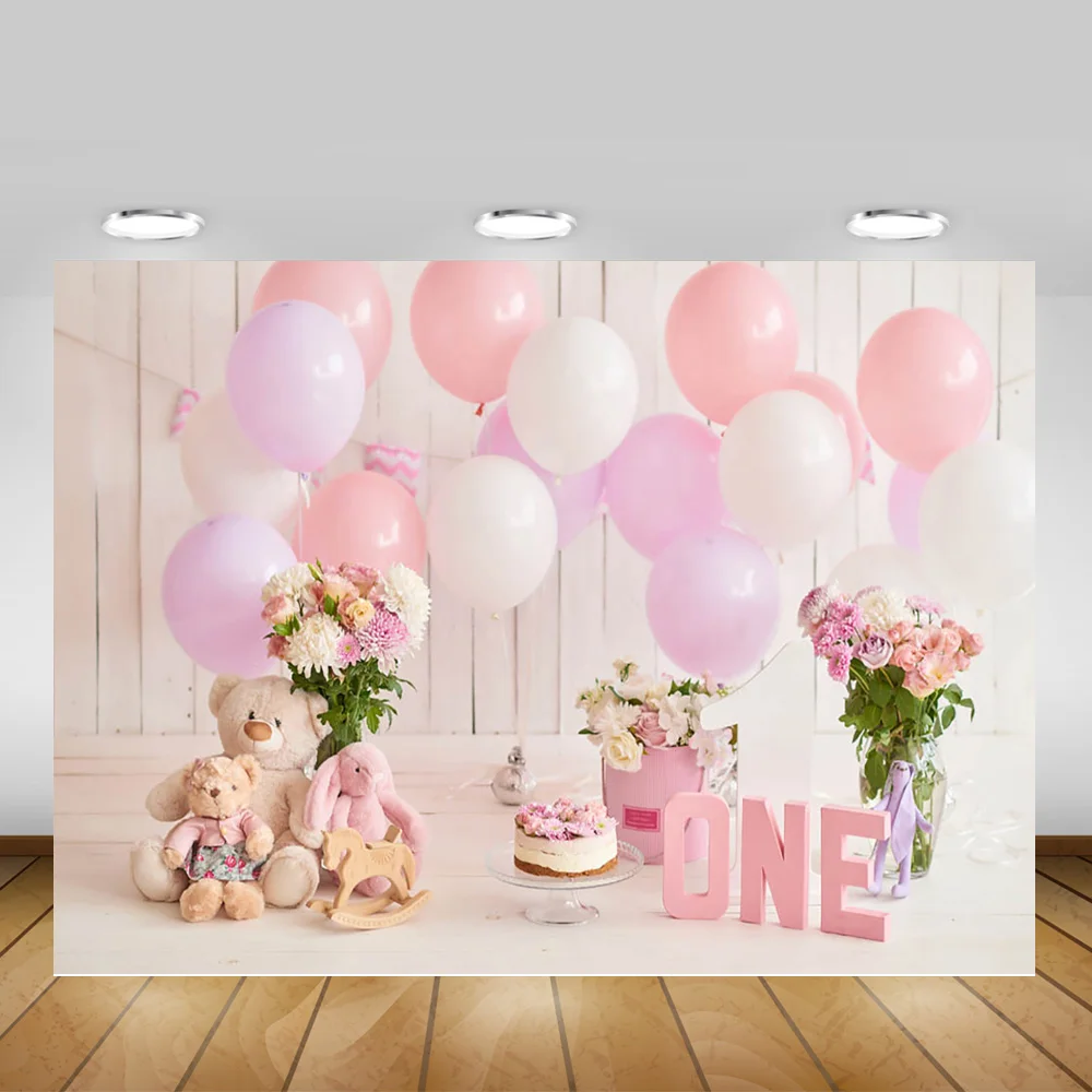 

Mocsicka Newborn First Birthday Photo Background Cake Smash Party Photography Backdrops Studio Photocall Bear Pink White Balloon