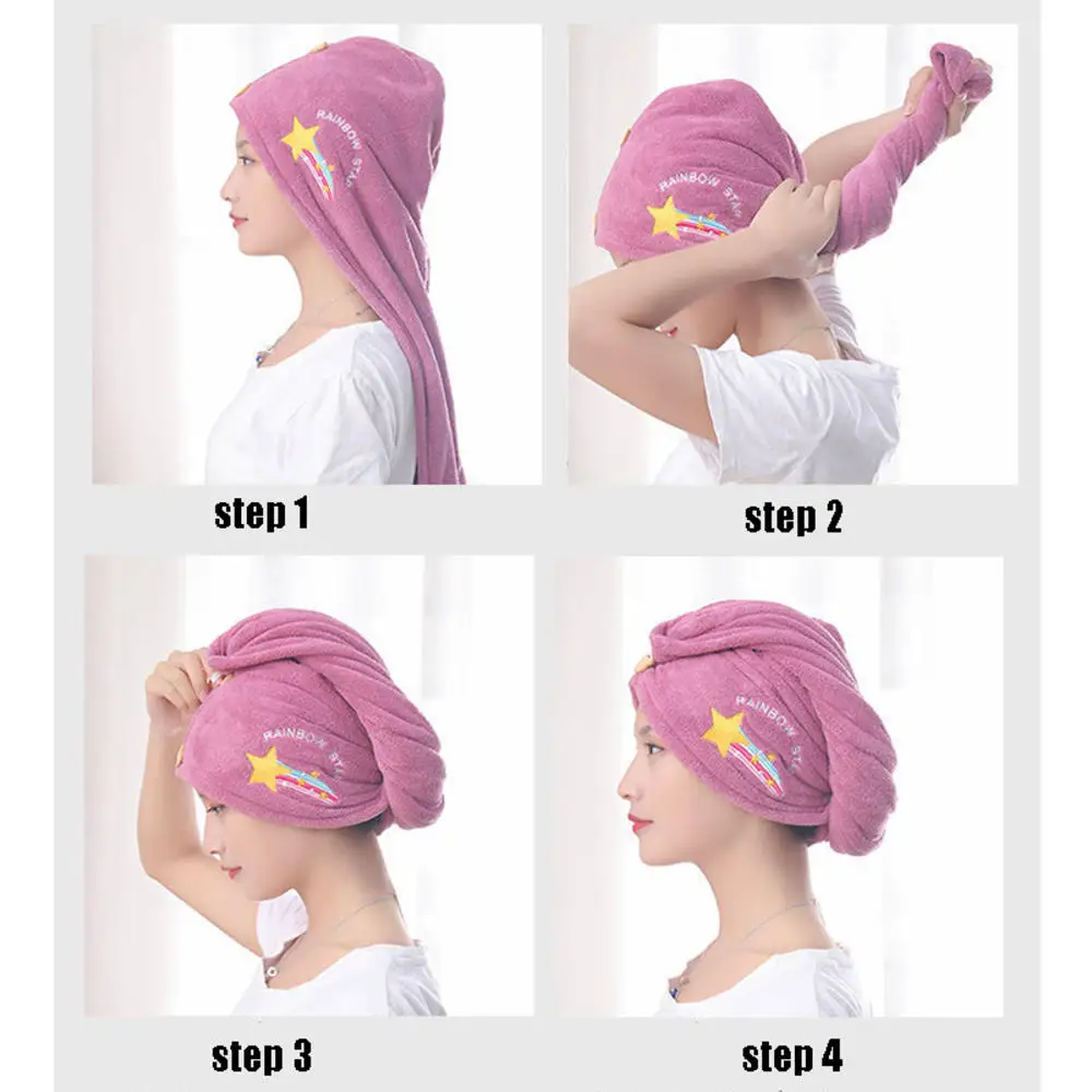 Microfiber Hair Drying Towel Super Absorbent Instant Hair Dry Wrap with Button Anti Frizz Soft Bath Shower Cap Head Towel