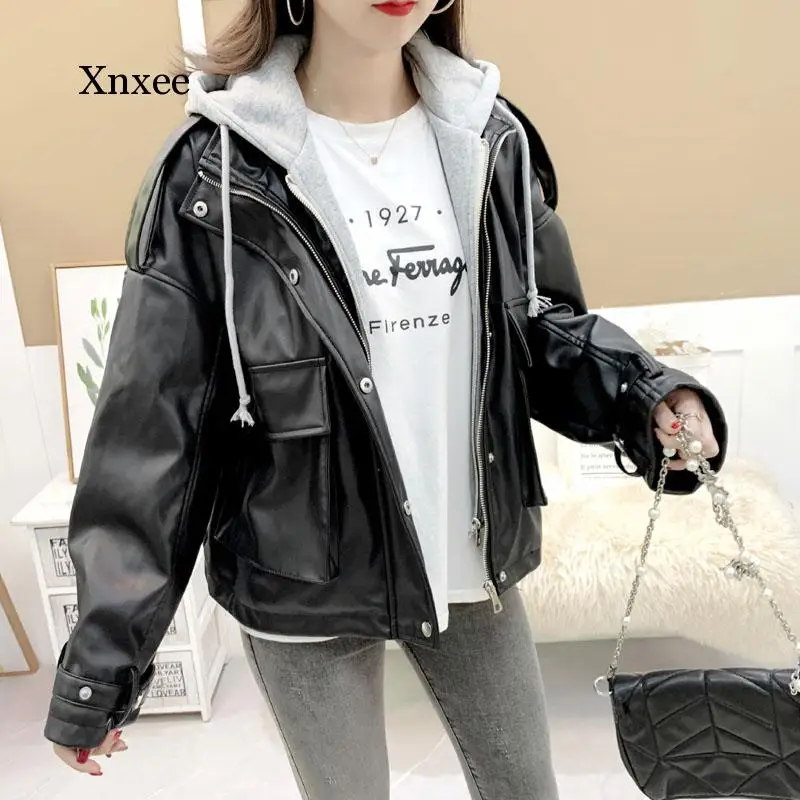 Ailegogo New Autumn Women Hooded Loose Black Pu Faux Leather Jacket Streetwear Moto Biker Zipper Pocket Windproof Coat Outwear