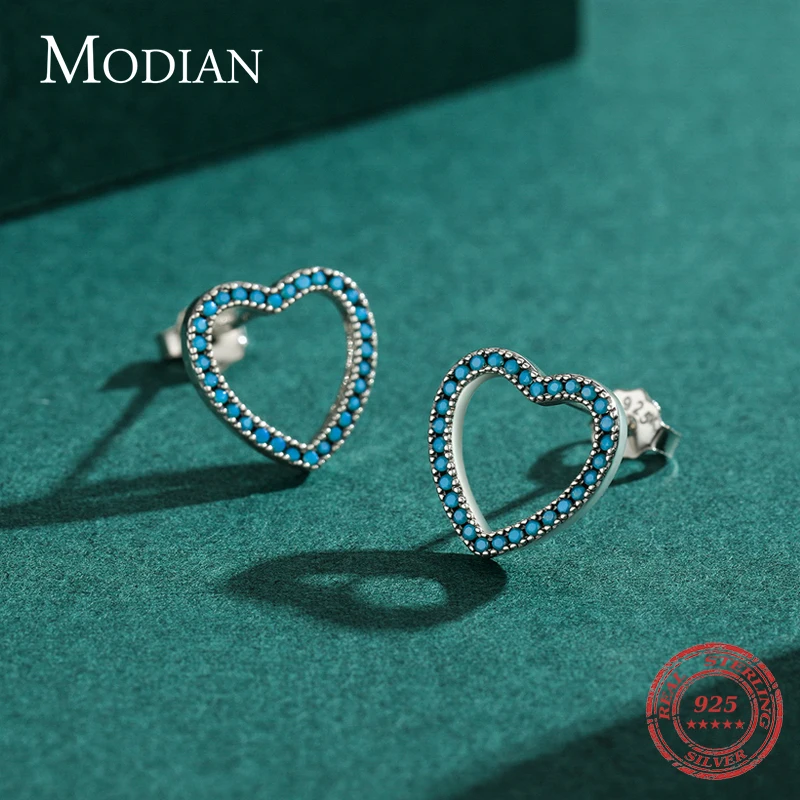 MODIAN 925 Sterling Silver Vintage Turquoise Crown Cross Star Dart Moon Heart Polygon Round Stud Earrings For Women Fine Jewelry