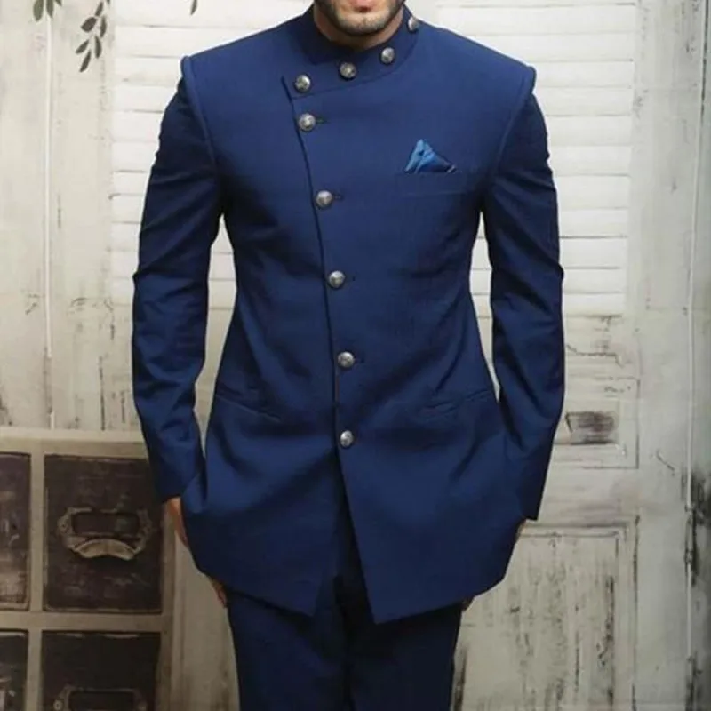 

Navy Men Suits Stand Collar Prom Slim Fit Costume Mariage Homme Blazer Men Tuxedos Groom Wedding Suits 2 Piece (Jacket+Pant))