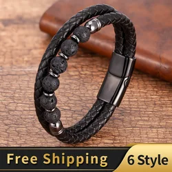 Natural Lava Stone Bracelet 6 Style Round Bead Bracelets For Men Stainless Steel Magnetic Clasp 2020 Fashion Mens Jewelry Gifts