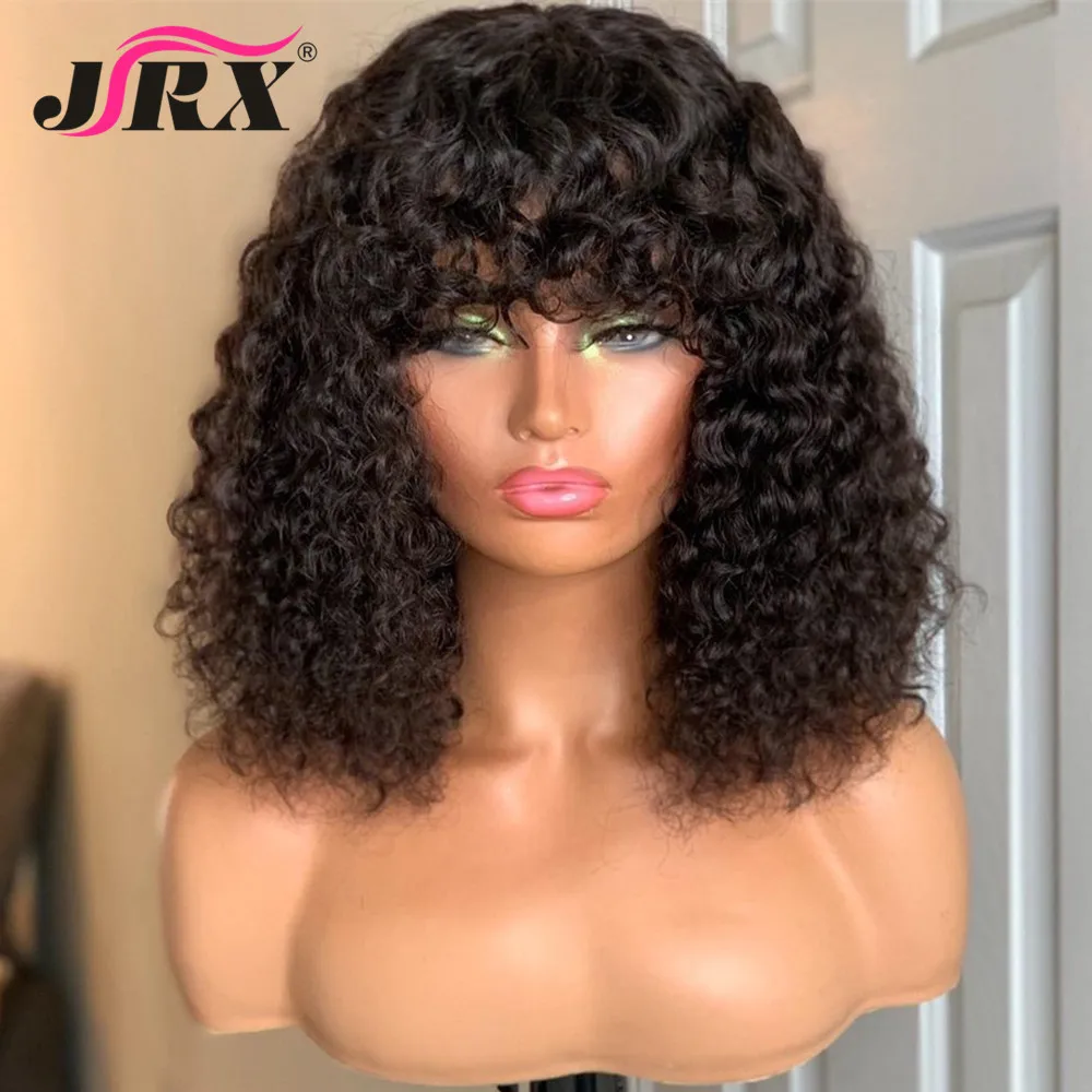 Highlight Brown Color Brazilian Curly Human Hair Wigs with Bangs 180% Density Deep Wave Machine Made Wigs for Women
