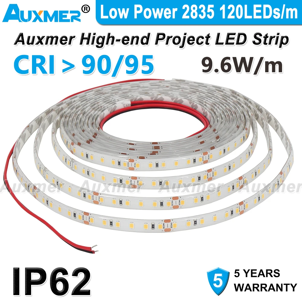 Low Power 2835 120LEDs/m LED Strip IP62 Silicone Waterproof CRI95/90,DC12V/24V 9.6W/m 16.4ft/5m,Dimmable Flexible LED Rope Light