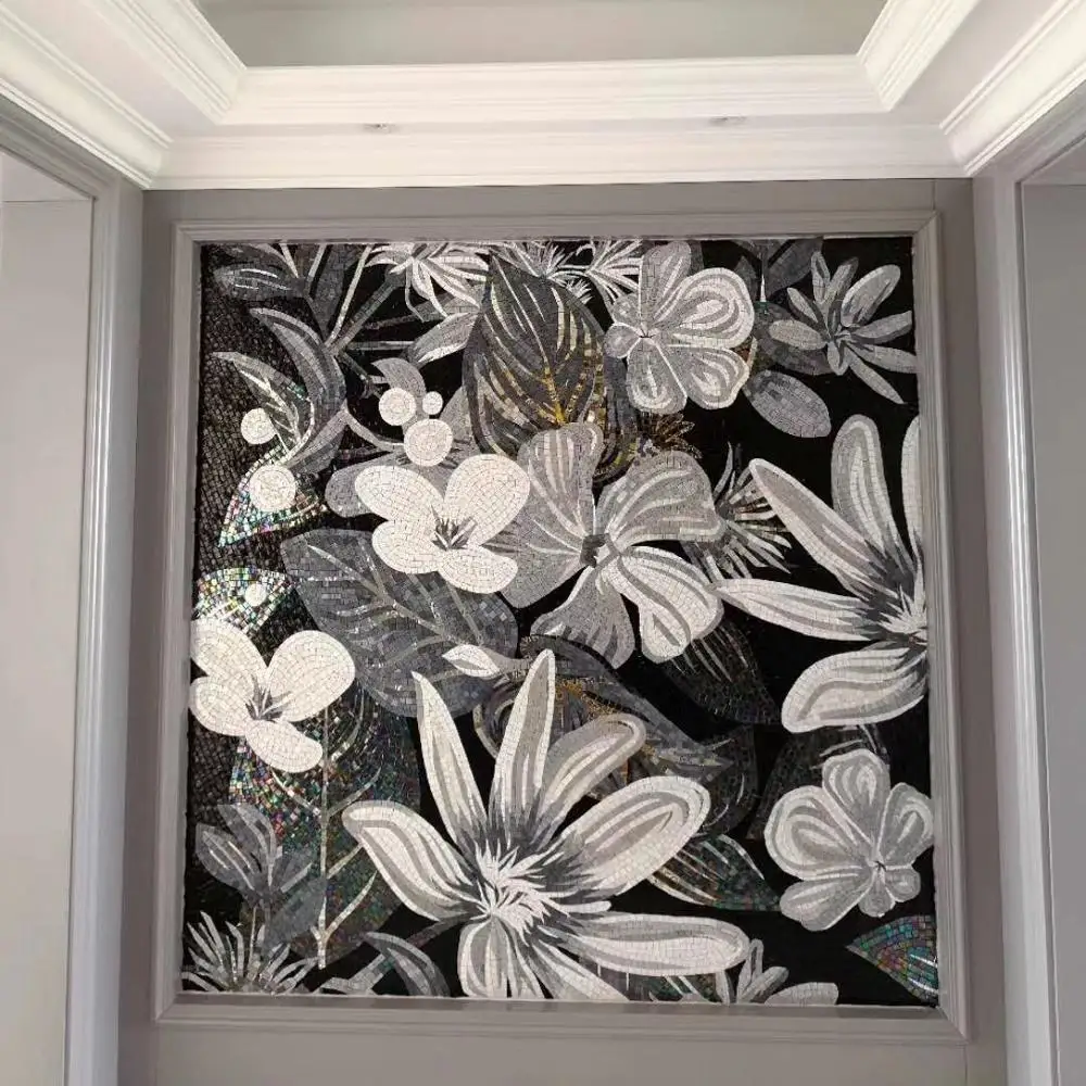 Classical Floral Mosaic Wall Ice Jade black white Glass Mosaic Tile, Blossom Flowers Living Room Bathroom Wall Tile