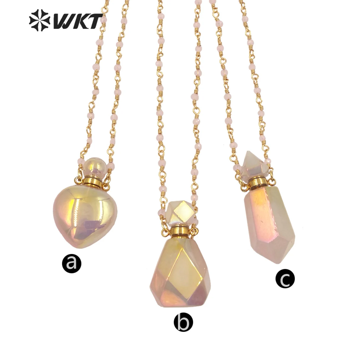 WT-N1331 WKT Very Beautiful Pink Quartz Laser Style Perfume Bottle Necklace Heart Head Cylindrical Shape Pendant Girl Jewelry