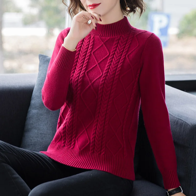 Fdfklak Autumn Winter New Pullover Sweater Women Loose Korean 2024 Mock Neck Thick Knit Top Female Spring Sweaters Jersey Mujer