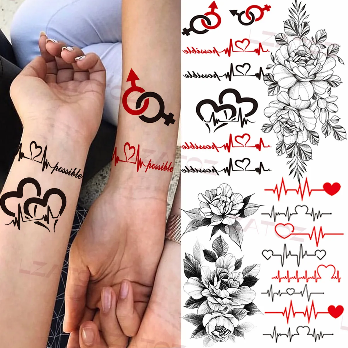 Aquarell EKG Herz Temporäre Tattoos Für Frauen Erwachsene Zitate Fake Tattoo Sticker Custom Armband Sexy Wasser Transfer Tatoo