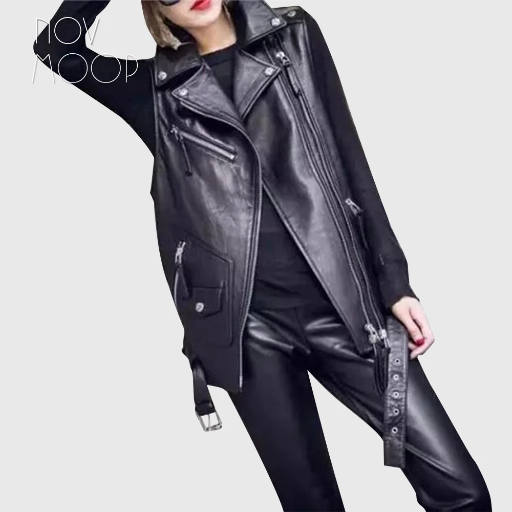 

Novmoop genuine leather solid black color rivet decor women vest sheepskin motocycle style chic fashionable Gilet en cuir LT3398