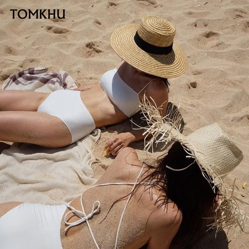 TOMKHU Fashion New Hot Sale Flat High Sun Hat Summer Spring Women's Travel Caps Bandages Beach Women Traw Hat Breathable