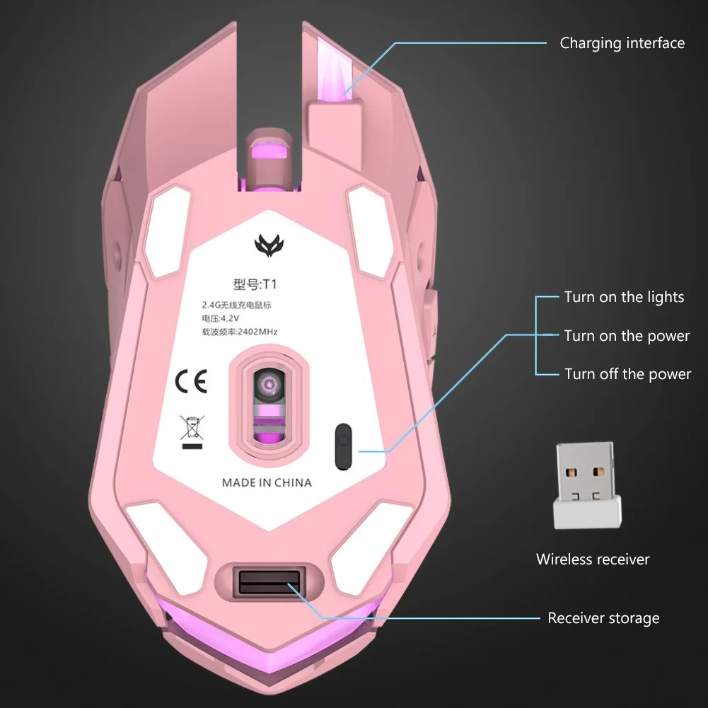 Pink Black Three Mode T1 Ergonomic 2.4G Rechargeable Mouse for PC Computer Silent Backlit USB Optical Wireless Gaming Mouse