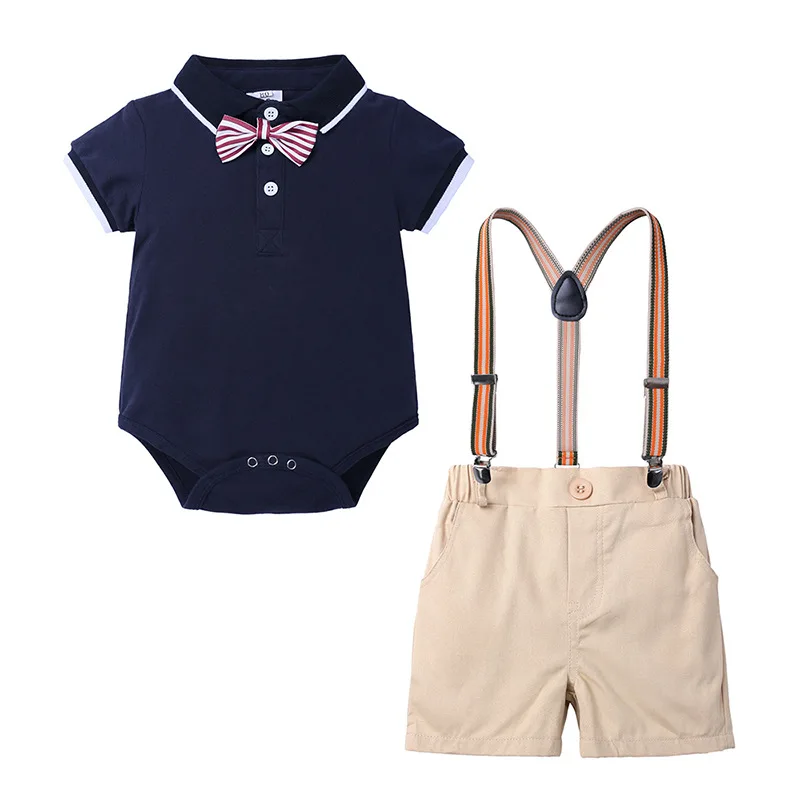 

2PCS Baby Boy Rompers Sets Boys Polo Shirts with bow tie Overalls Pants Outfits Sets Gentleman Jumpsuit For 0-2Year