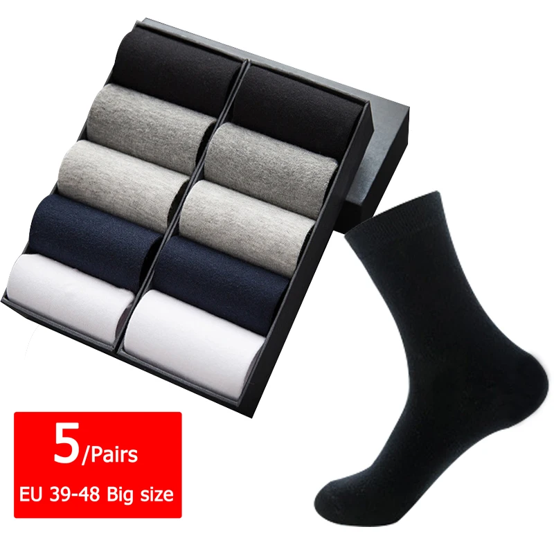 5 pairs/lot Men\'s Cotton Socks Black Business Men Socks Soft Breathable Summer Winter for Male Mid tube Socks Plus Size 46 47 48